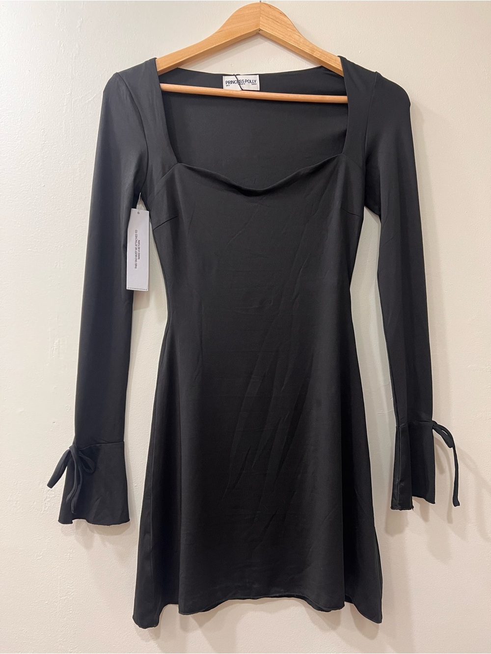 NWT Princess Polly Black Mini Dress Size 2 Long Sleeve Tie Cuff A-Line